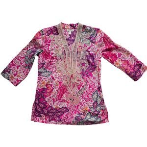 Charter Club Petite Small Pink Floral Embroidered Tunic Blouse Resortwear Luxury